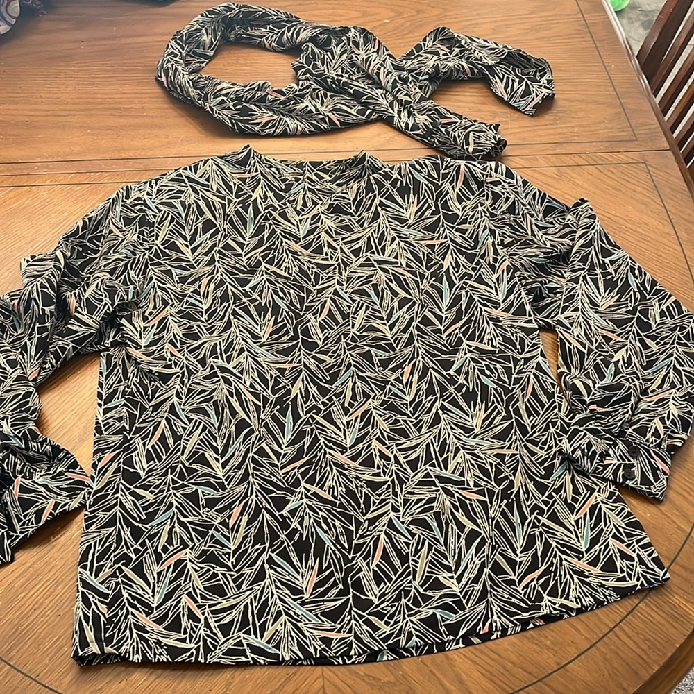 Pendleton Top & Scarf Set Black Botanical Print Country Sophisticates Sz 10 EUC